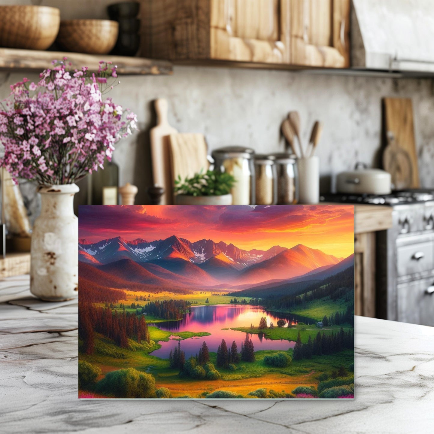 Mountain Lake Sunset Glass Cutting Board - Nature-Inspired Housewarming Gift