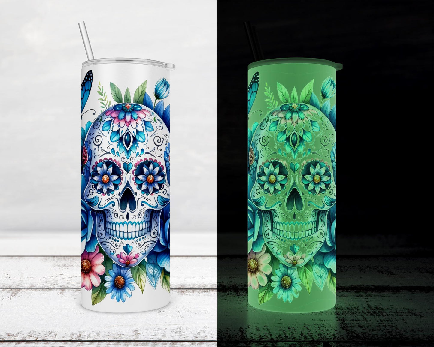 Glow-in-the-Dark Sugar Skull Tumbler Perfect Unique Gift for Spooky Chic Enthusiasts