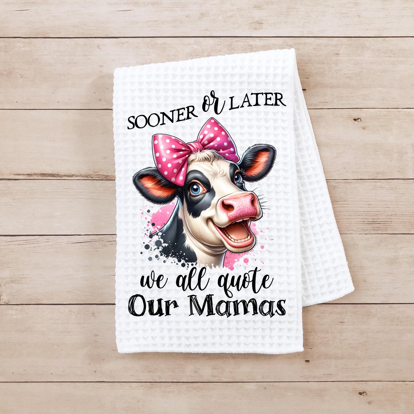 Witty Cow Head Kitchen Towel with Pink Bow Fun Quote for Moms Unique Gift for Daughters