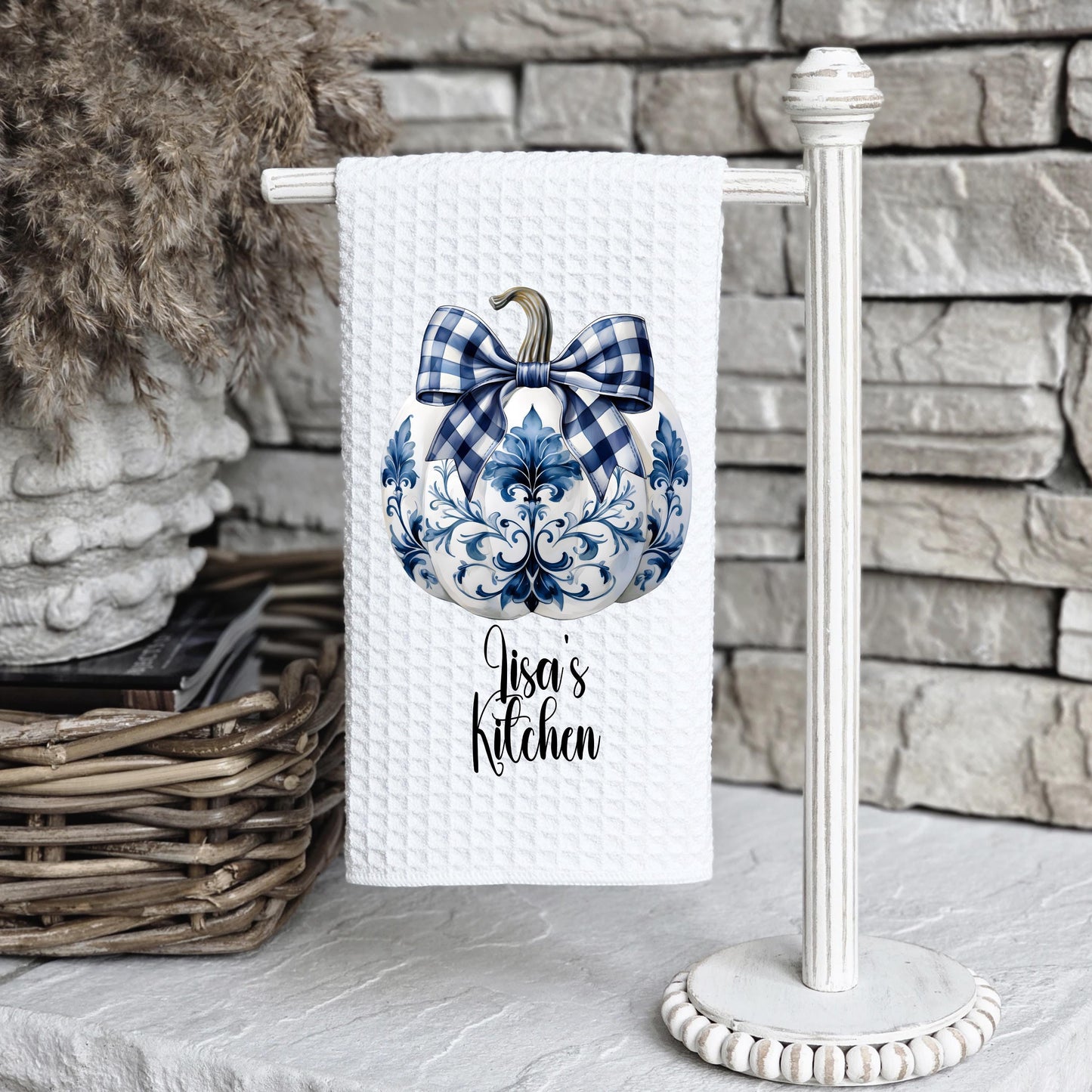 Personalized Chinoiserie Pumpkin Waffle Towel - Unique Hostess Gift