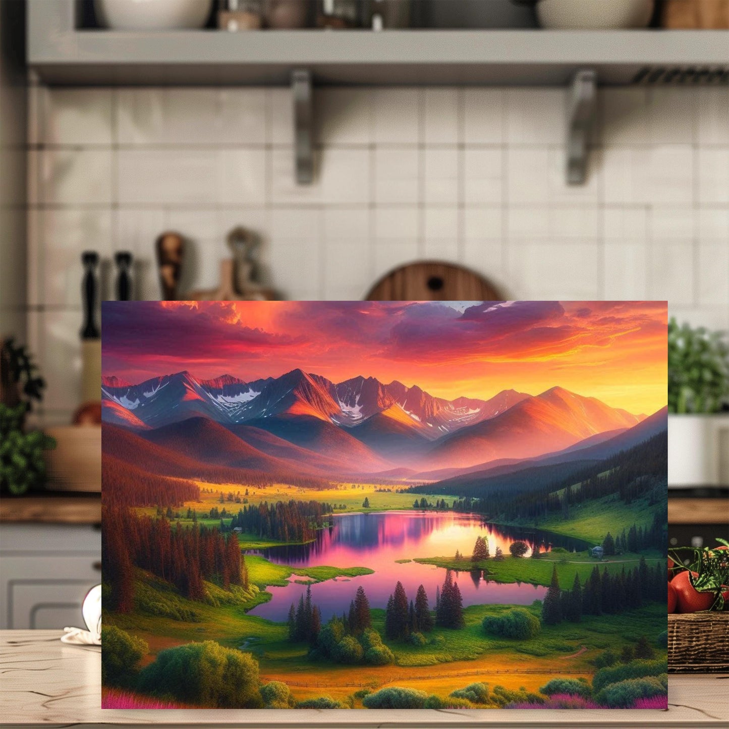 Mountain Lake Sunset Glass Cutting Board - Nature-Inspired Housewarming Gift