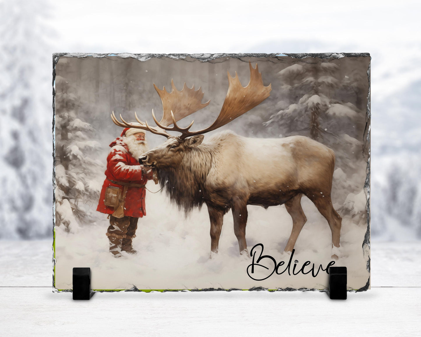 Believe Quote Slate Plaque with Santa Reindeer - Fractured Edge Christmas Decor