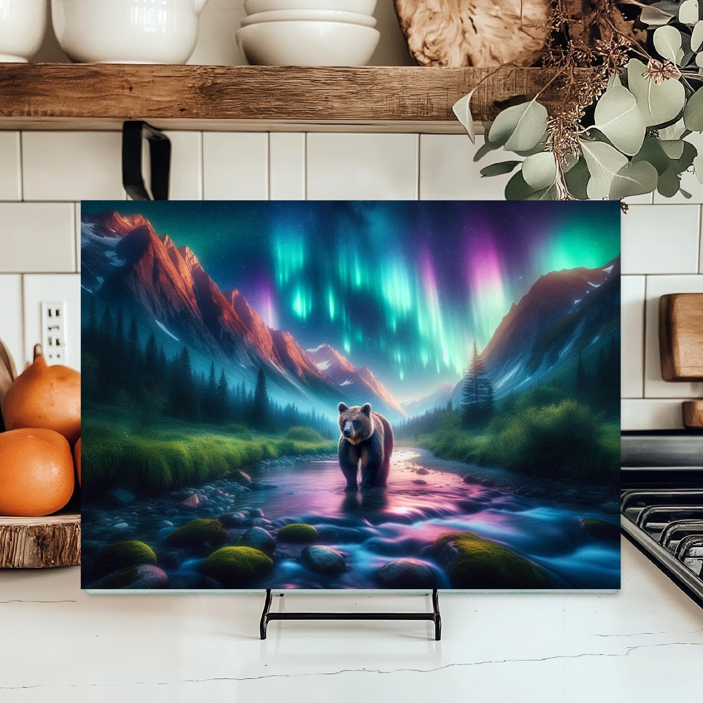 Tempered Glass Cutting Board with Northern Lights Design Perfect Gift for Bear Lovers Hostess Housewarming Ideal Kitchen Decor for Moms