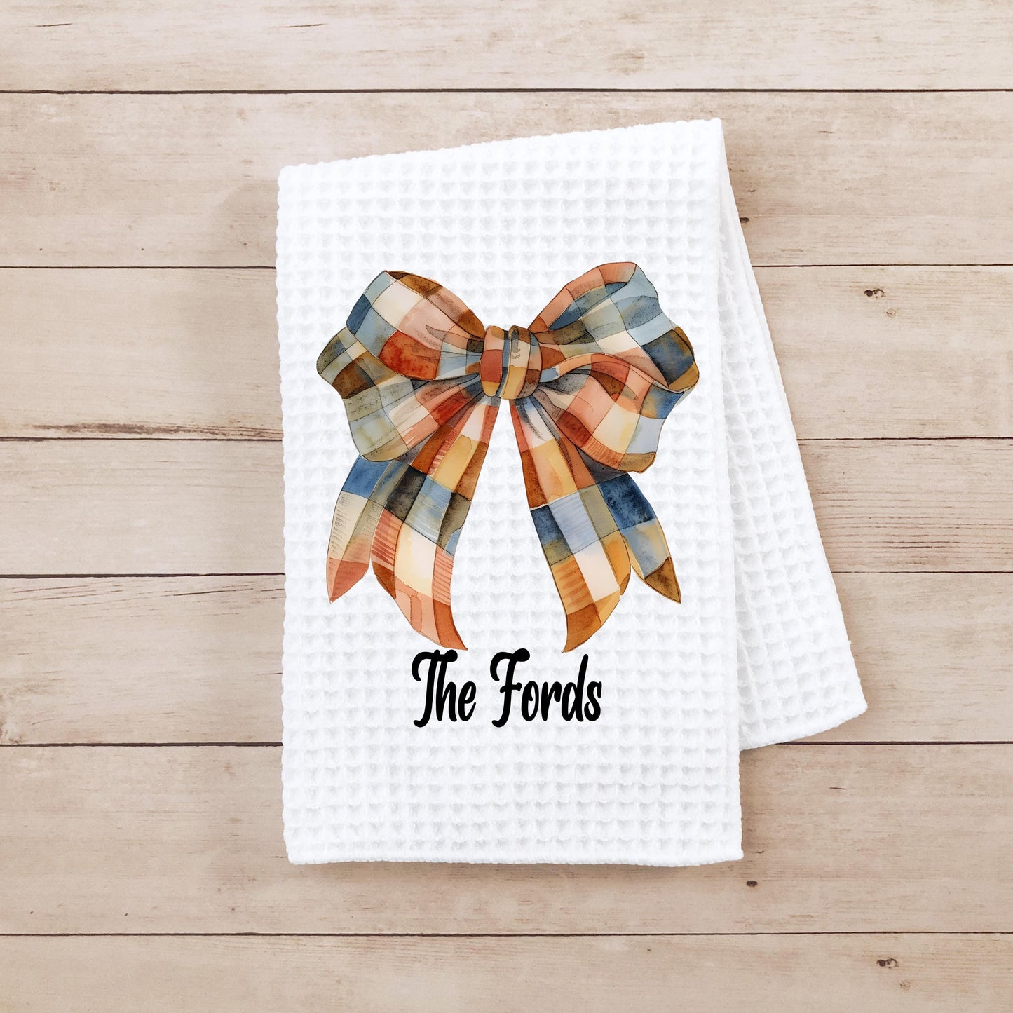Personalized Gingham Bow Waffle Weave Towel - Custom Kitchen Decor Unique Autumn Gift for Her