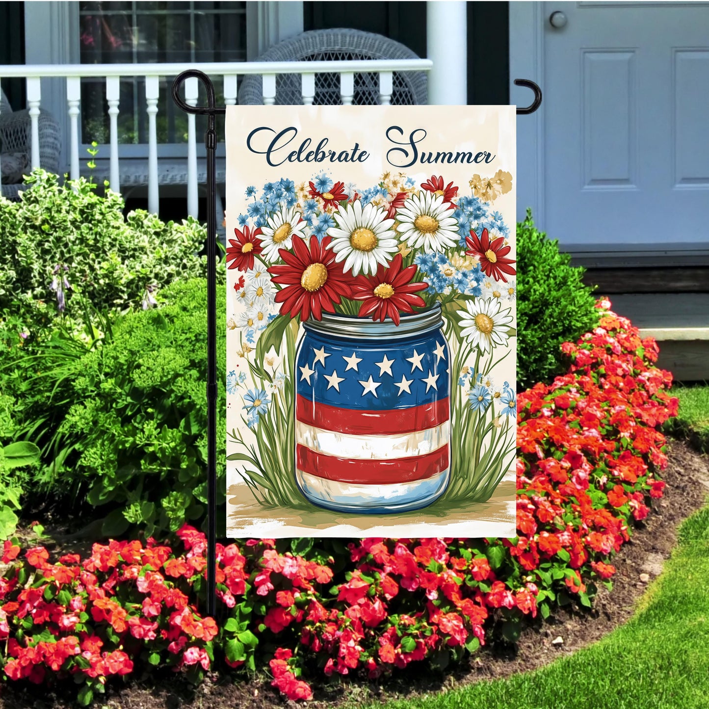 Patriotic Mason Jar Garden Flag, Celebrate Summer Design,