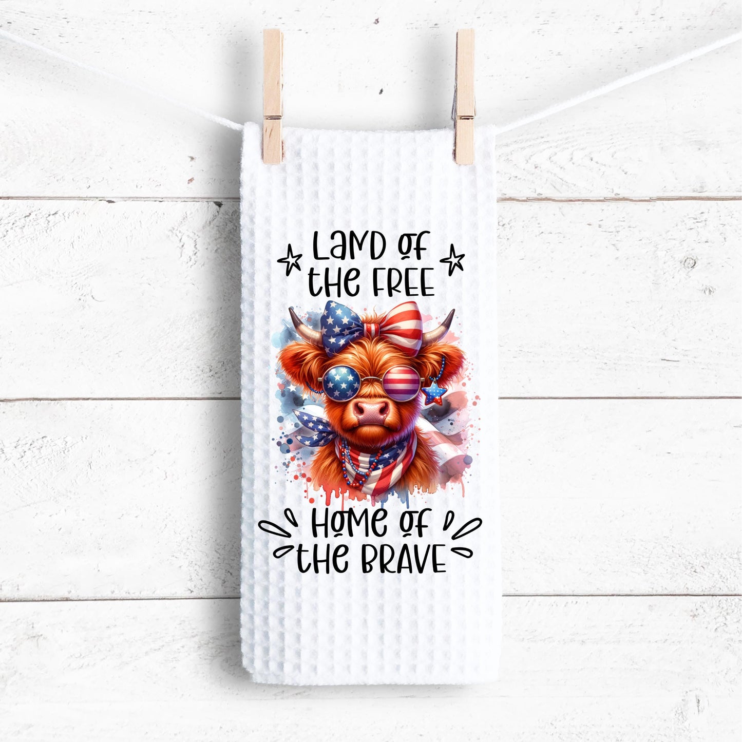 Patriotic Highland Cow Waffle Weave Towel - Unique Americana Kitchen Decor Hostess Gift for 4th of July