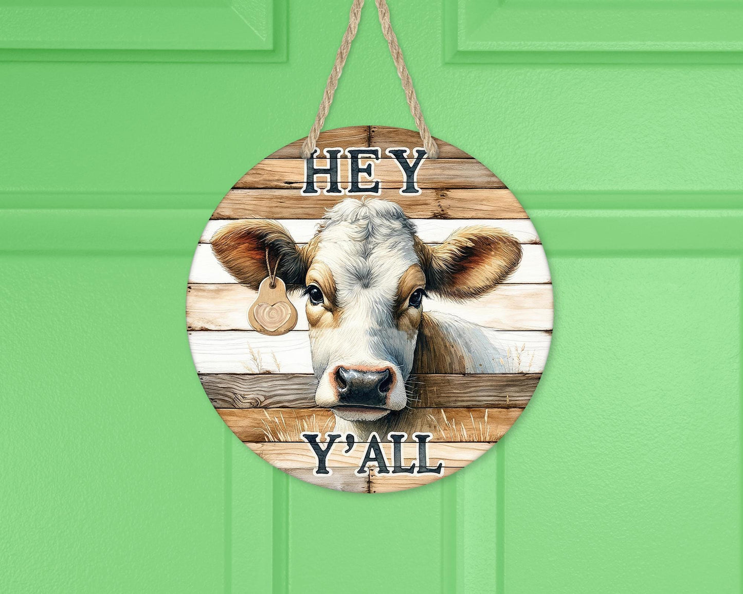 Farmhouse Round Door Wreath with Cow Decor Hey Yall Sign - Unique Gift for Cow Lovers Front Porch New Home Decor