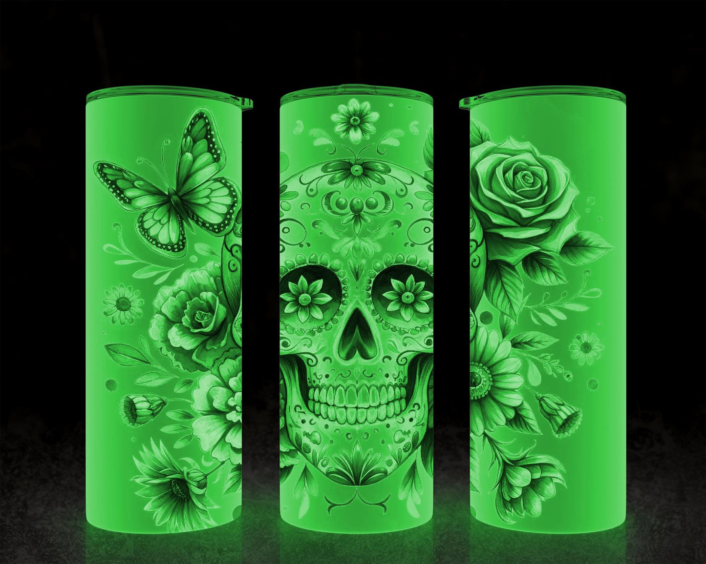 Glow-in-the-Dark Sugar Skull Tumbler - Unique Spooky Chic Gift