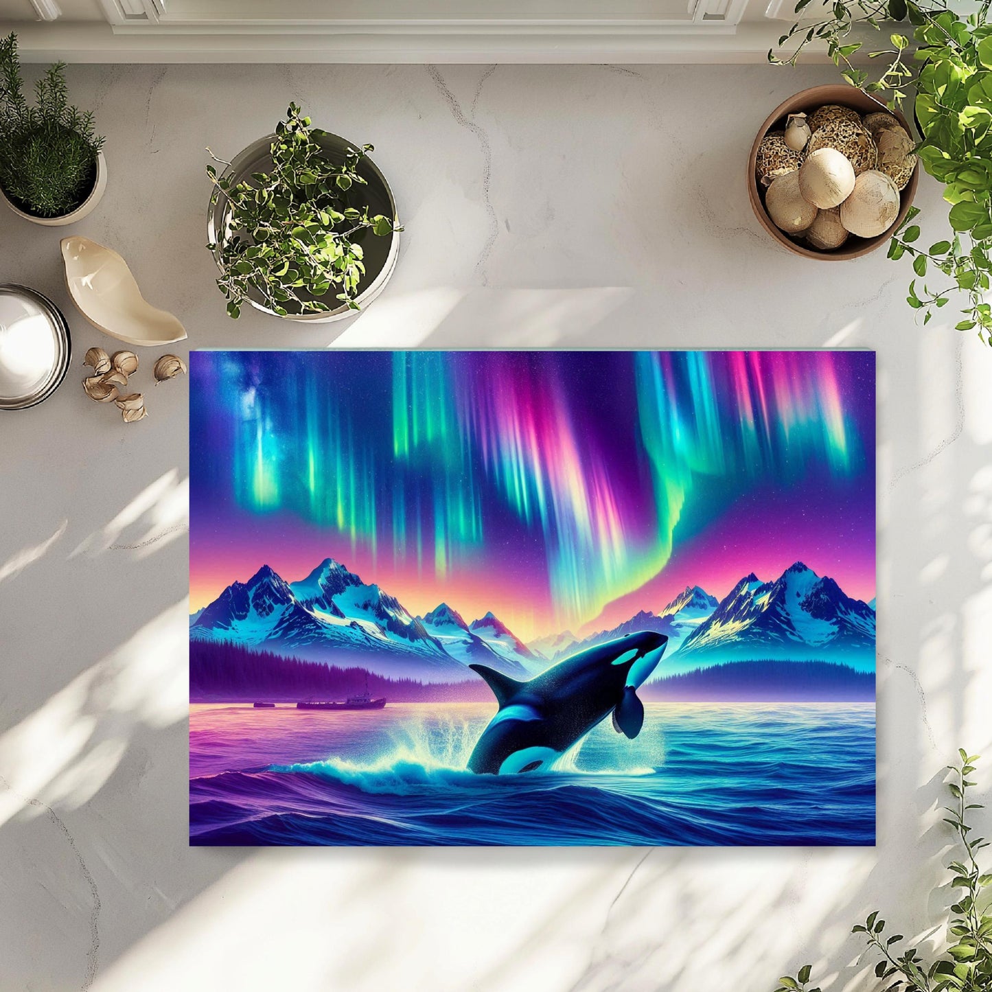 Orca Breach Tempered Glass Cutting Board 11x15 Kitchen Art with Northern Lights and Colorful Ocean Wildlife - Perfect Hostess Gift