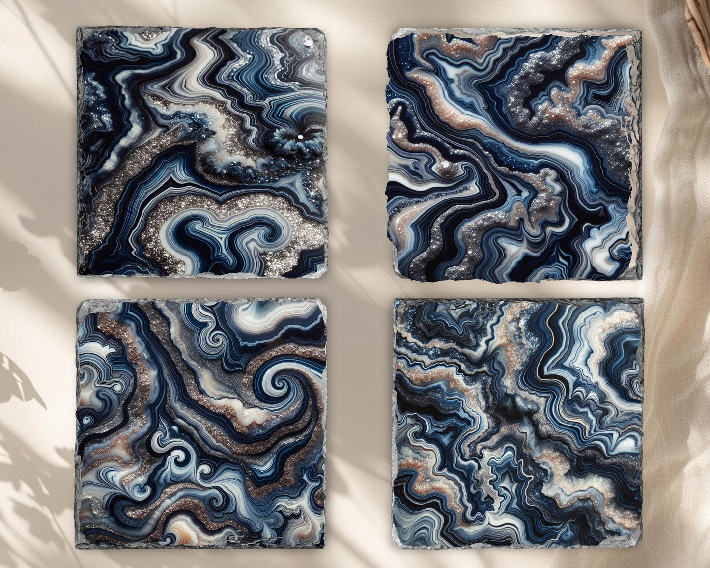Navy Blue Silver Agate Pattern Slate Coasters - Set of 4 Ideal Housewarming Gift for Boho Home Decor