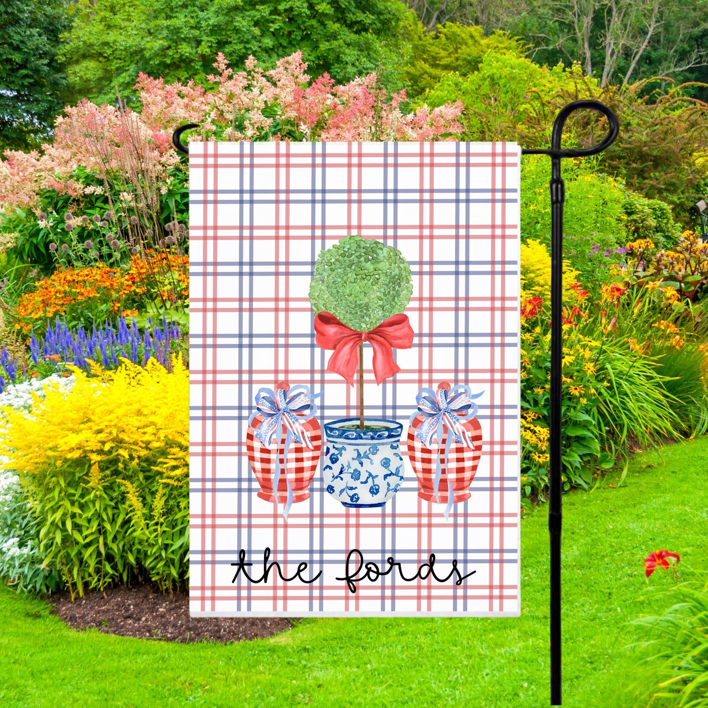 Custom 4th of July Garden Flag - Preppy Chinoiserie Topiary Design for Housewarming Gifts