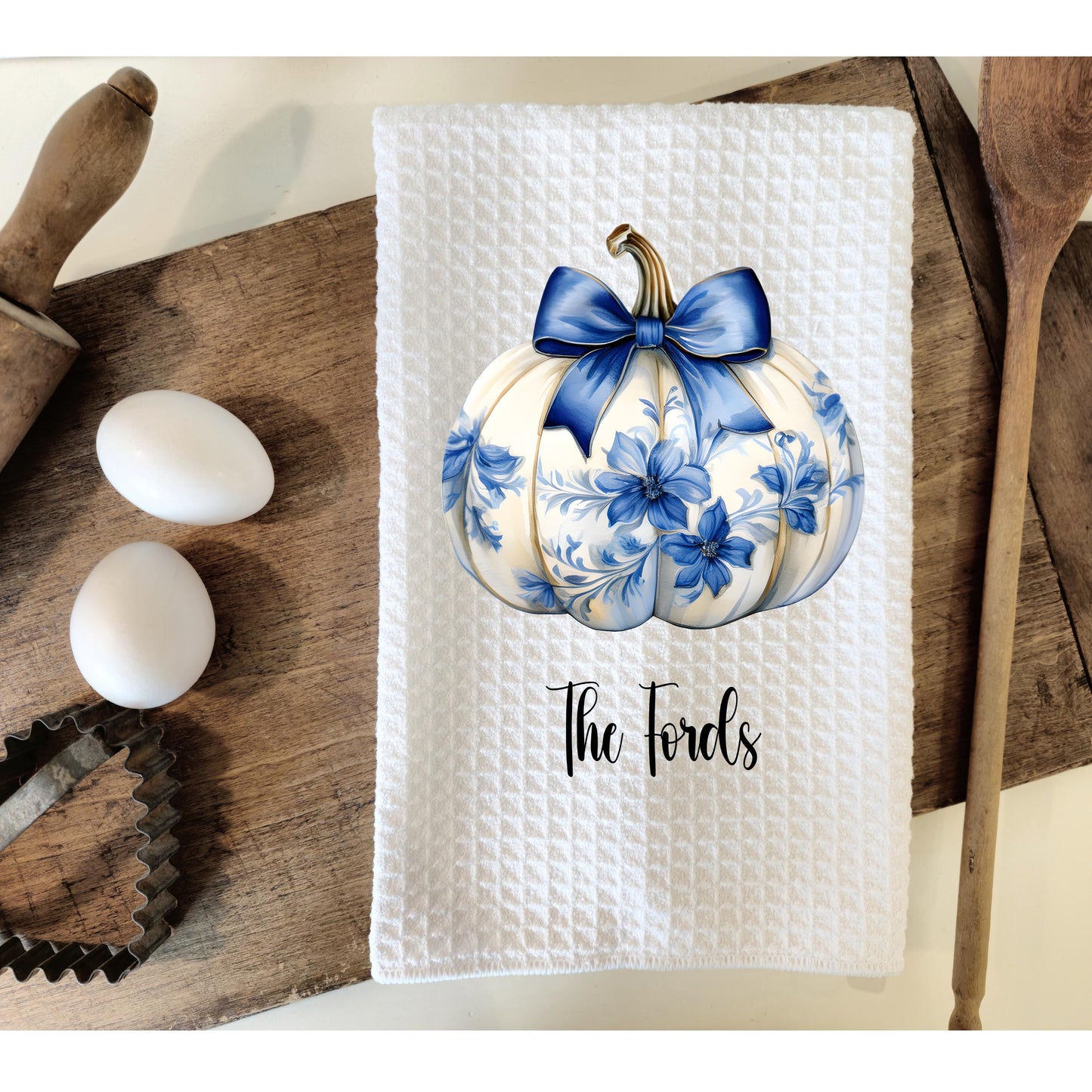 Custom Waffle Weave Towel with Chinoiserie Coquette Pumpkin Blue Bow Design