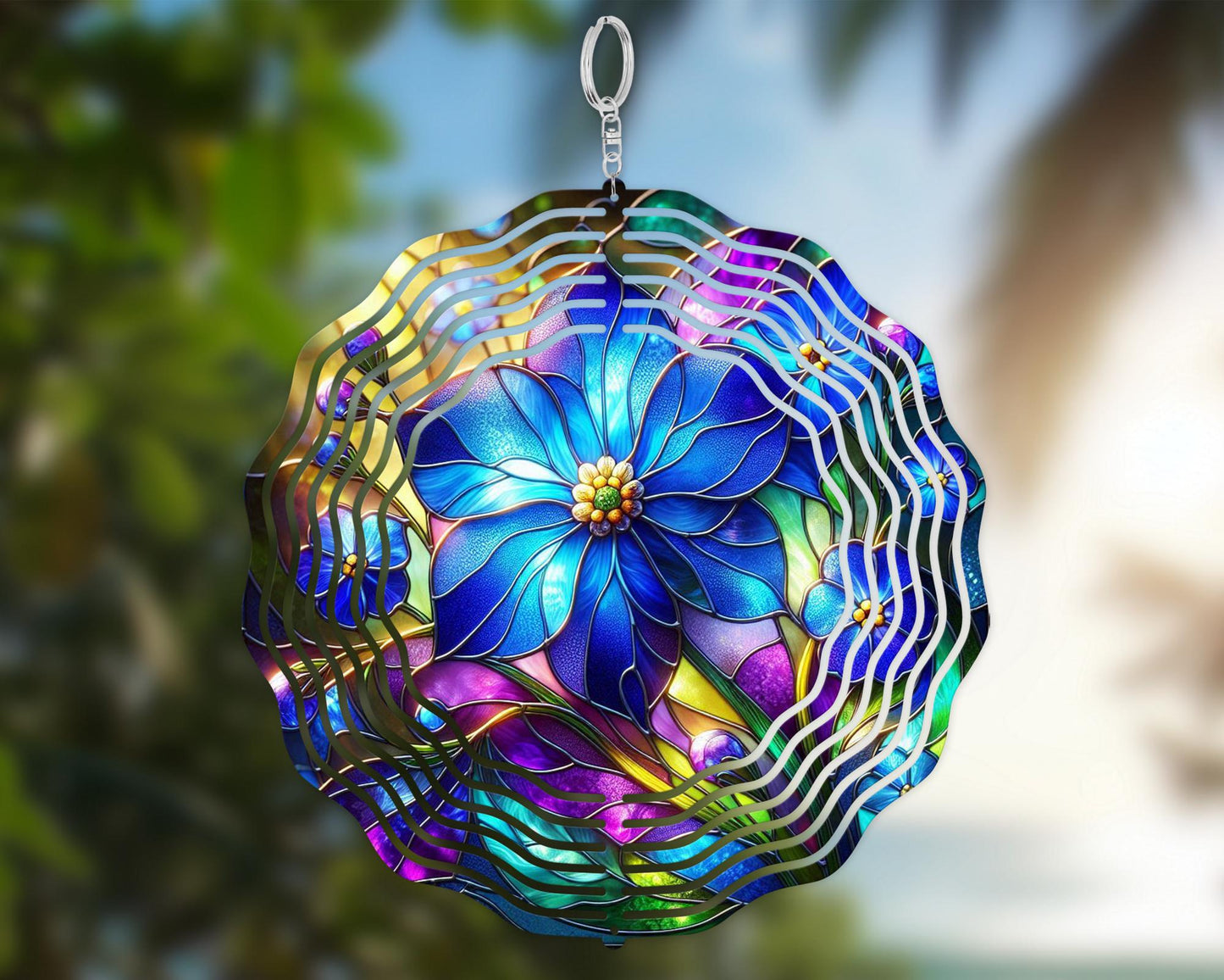 10-Inch Aluminum Forget-Me-Not Flower Spinner - Colorful Faux Stained Glass Garden Decor
