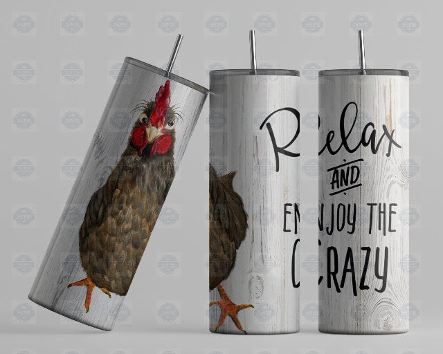 Stainless Steel Tumbler, Crazy Chicken Whitewash Art, 20Oz Lid Straw