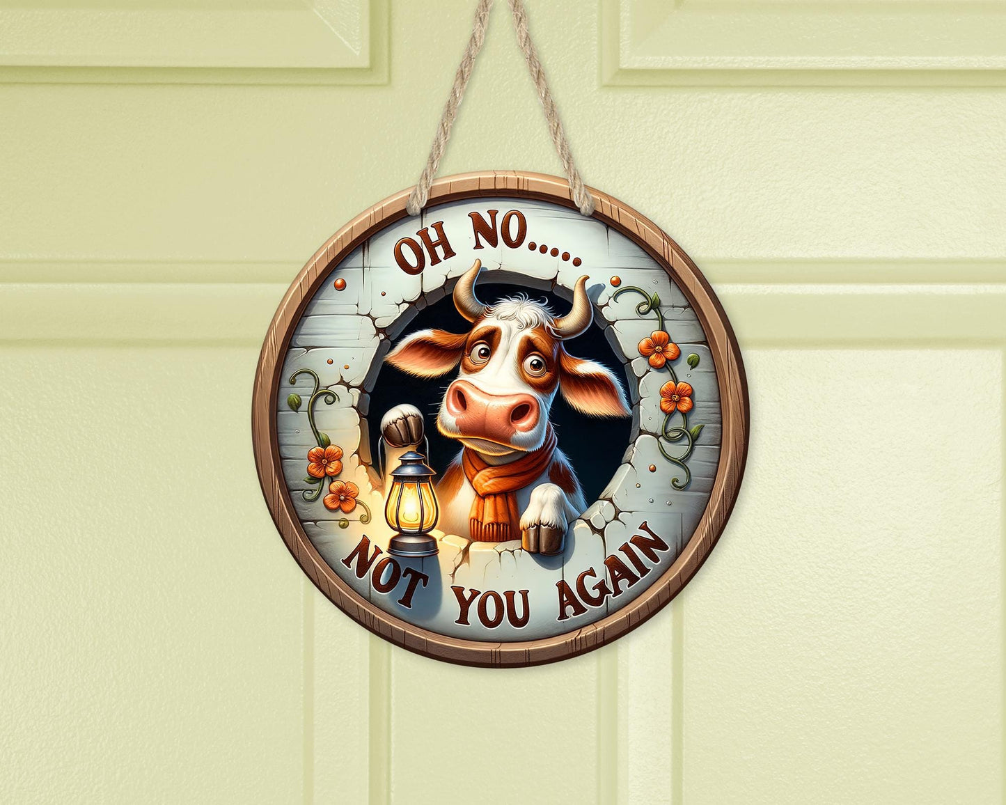 Funny Cow Door Sign with Lantern - Oh No Not You Again Quote - Unique Mom Gift Quirky Cow-Themed Decor