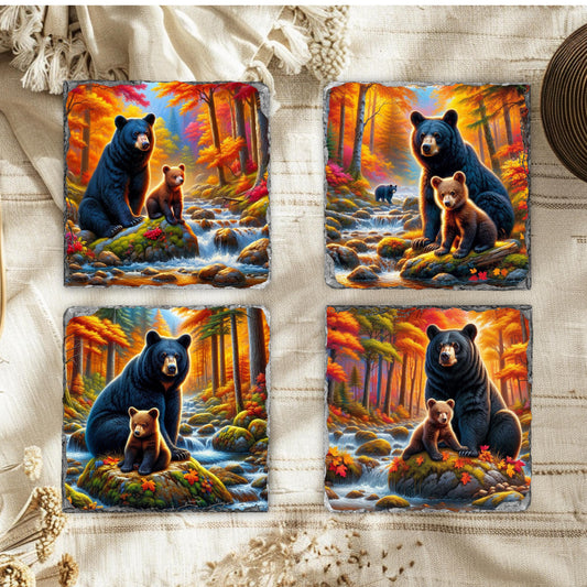 Fractured Edge Slate Coaster Set with Bear and Cub Fall River Scene - Ideal Gift for Nature Lovers