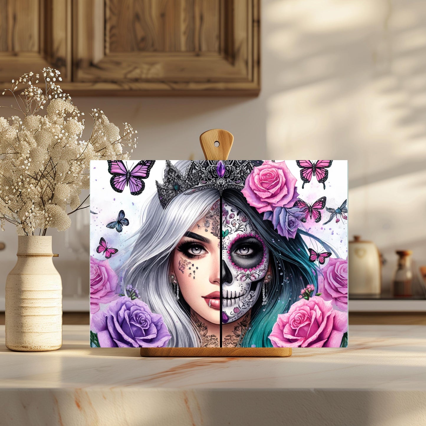 Gothic Princess Glass Cutting Board - Day of the Dead Kitchen Decor Fantasy Gift