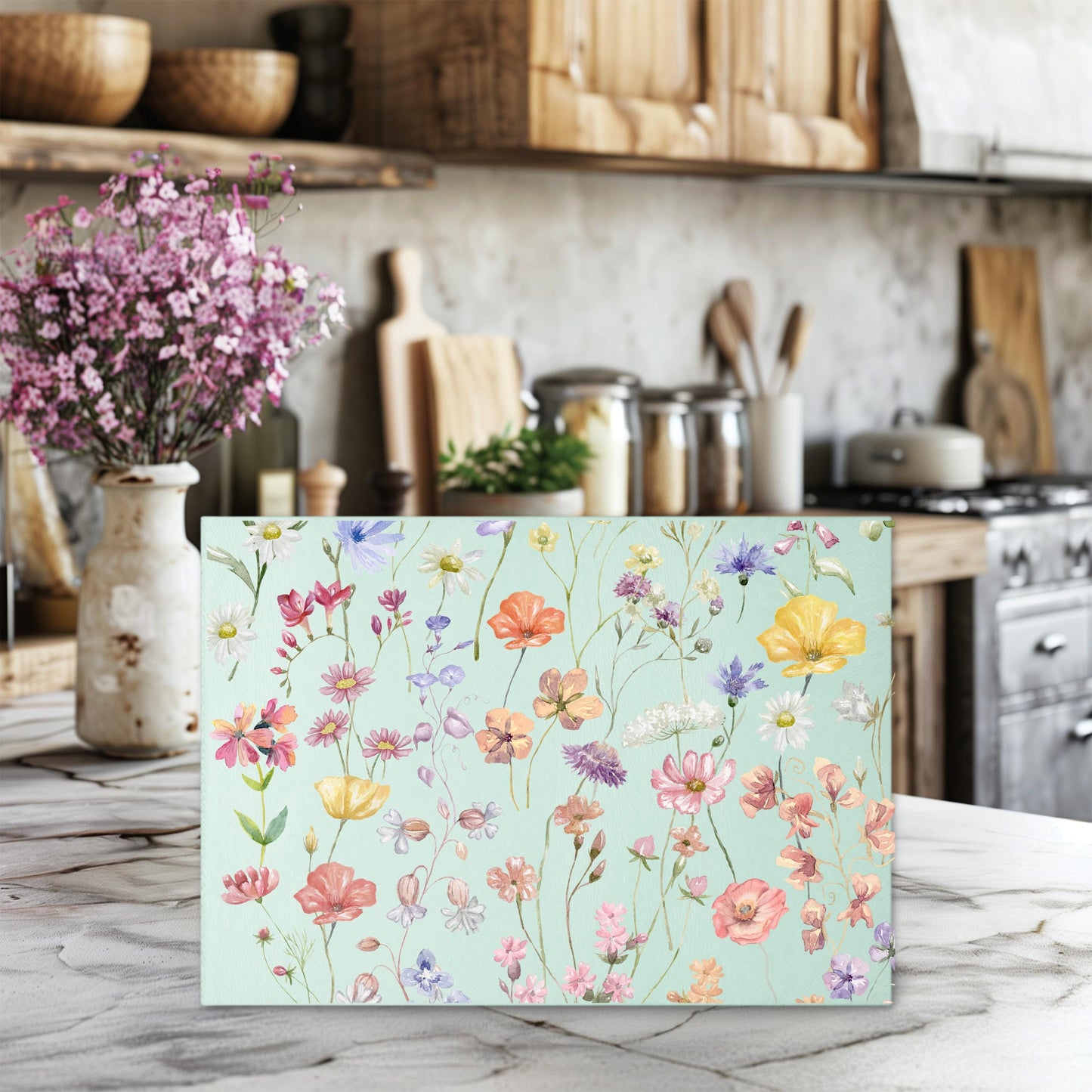 Boho Wildflowers Glass Cutting Board - Unique Kitchen Decor Perfect Hostess Gift