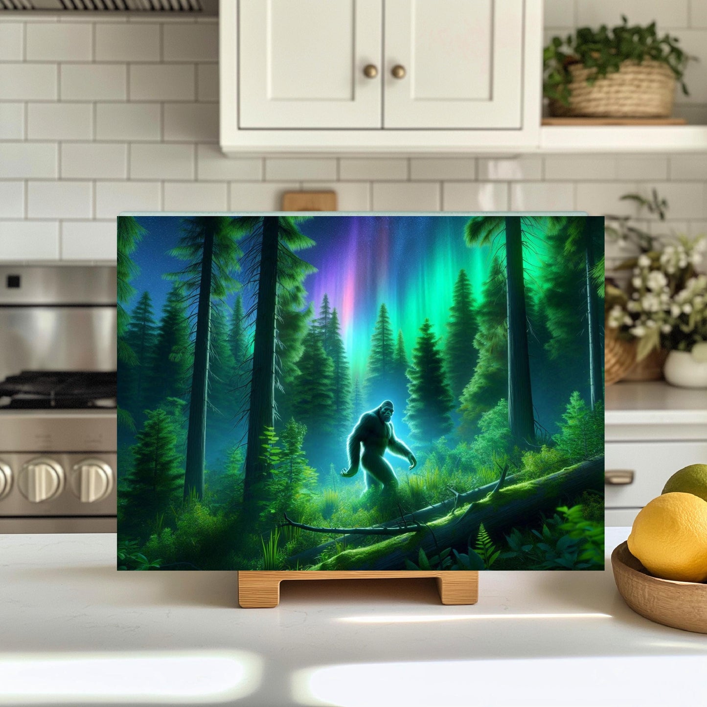 Tempered Glass Cutting Board featuring Bigfoot in the Forest - Unique Gift for Bigfoot Lovers