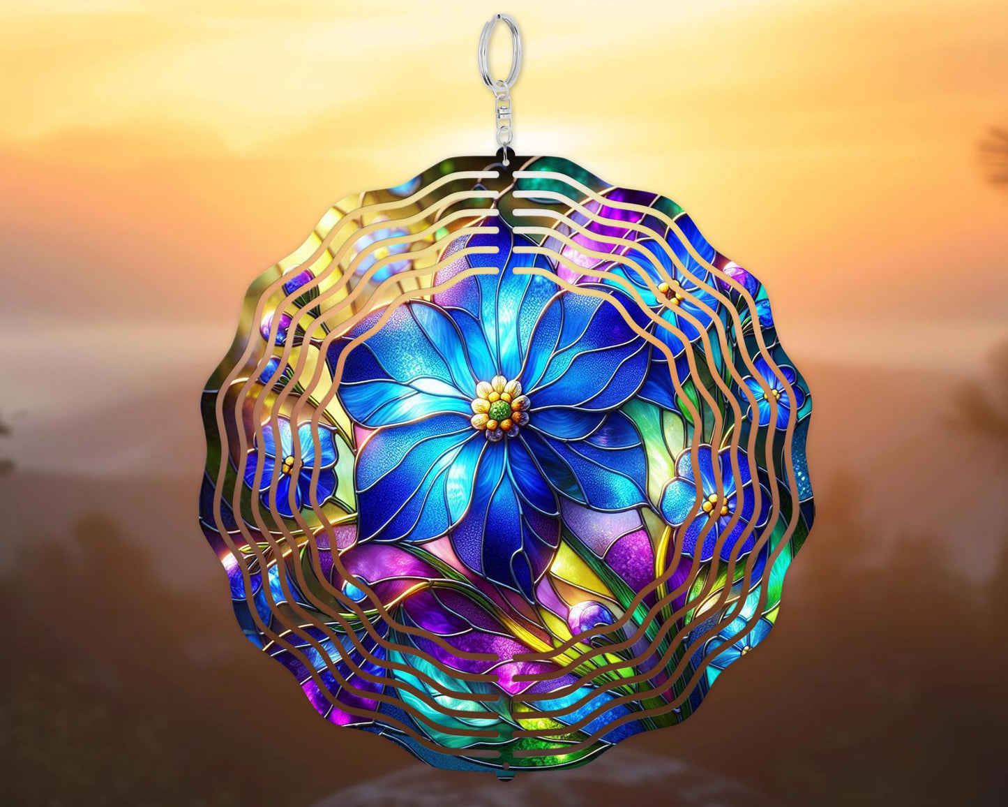 10-Inch Aluminum Forget-Me-Not Flower Spinner - Colorful Faux Stained Glass Garden Decor
