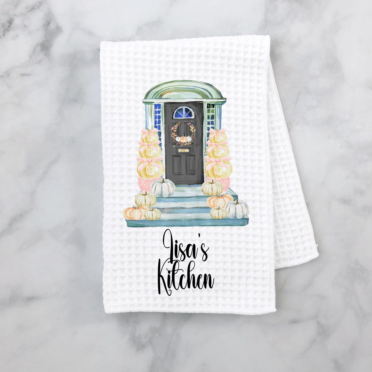 Personalized Fall Front Door Towel with Autumn Porch Scene - Perfect Thanksgiving Hostess Gift