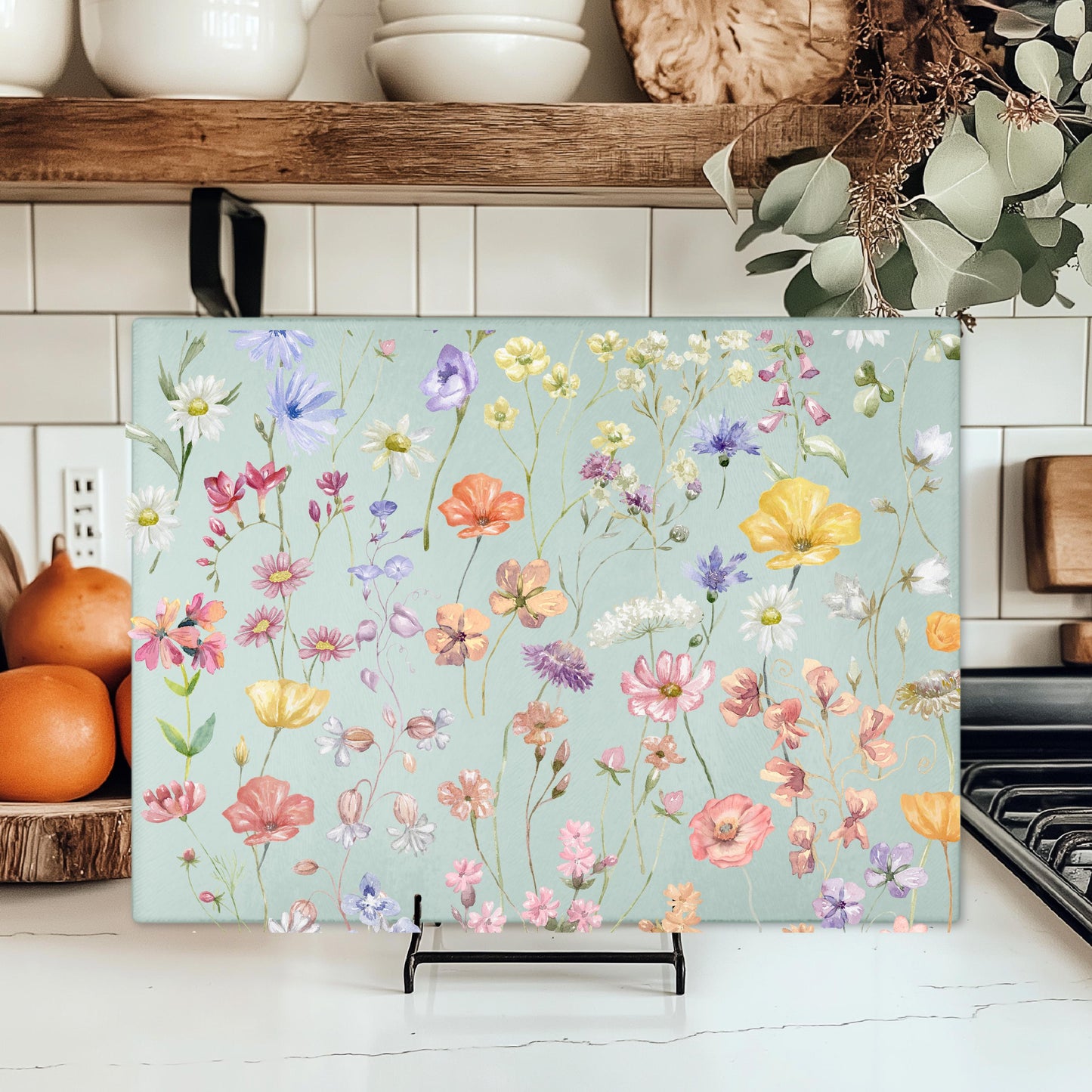 Boho Wildflowers Glass Cutting Board - Unique Kitchen Decor Perfect Hostess Gift