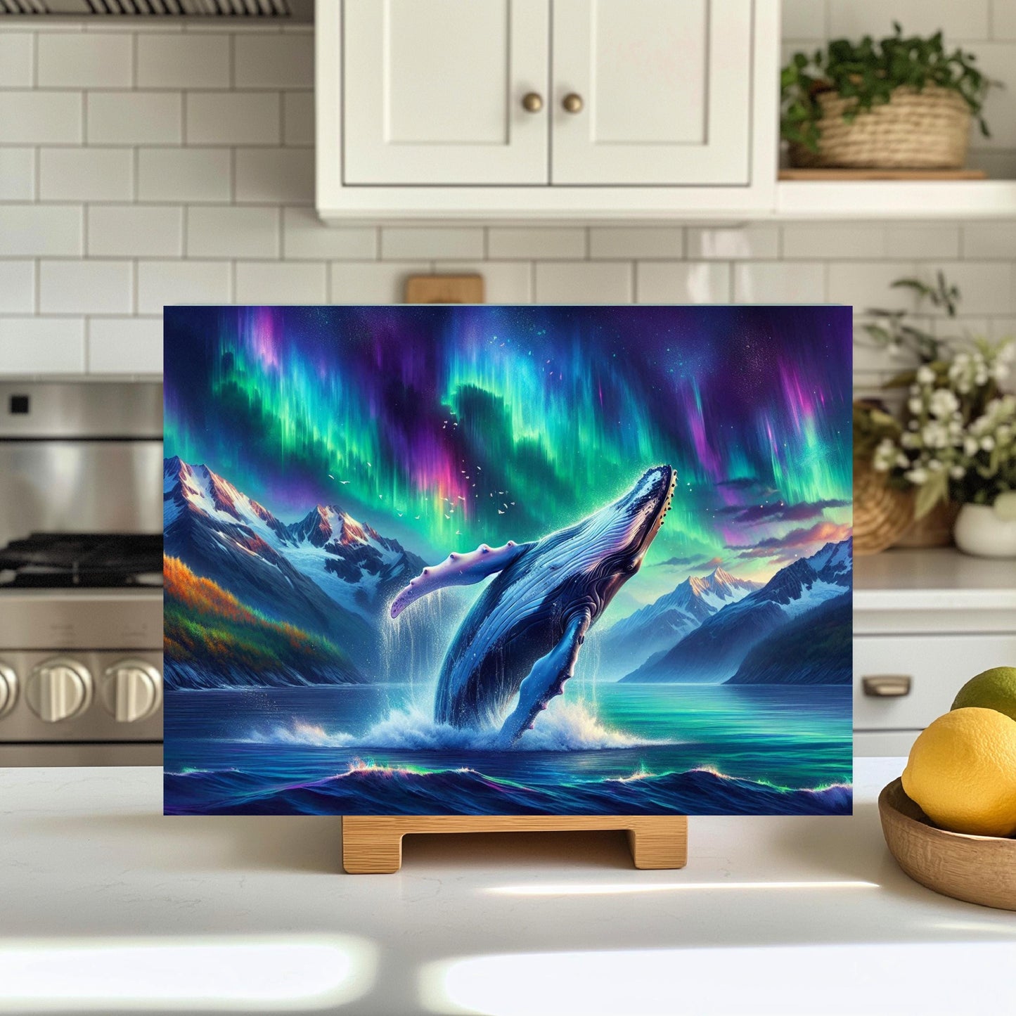 Humpback Whale Tempered Glass Cutting Board 11x15 Kitchen Art with Northern Lights Over Alaska Unique Ocean Wildlife Decor