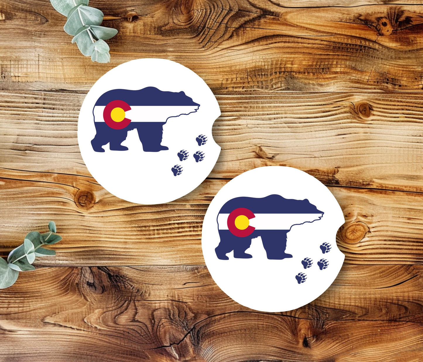 Colorado Logo Sandstone Car Coasters, Single or Set of 2, Bear Baw Print Coasters