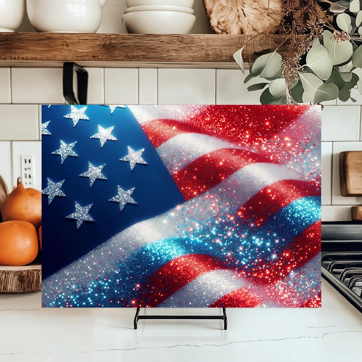 Patriotic Faux Glitter Cutting Board - Large Glass Kitchen Board for Hostess Gifts Countertop Decor
