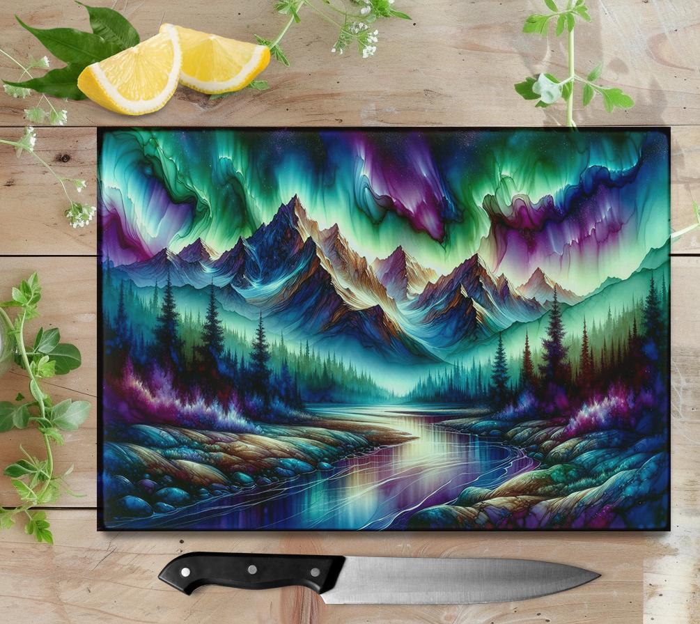 Mountain Northern Lights Glass Cutting Board - Unique Hostess Gift for Outdoor Lovers Perfect for Housewarming Charcuterie or Challah