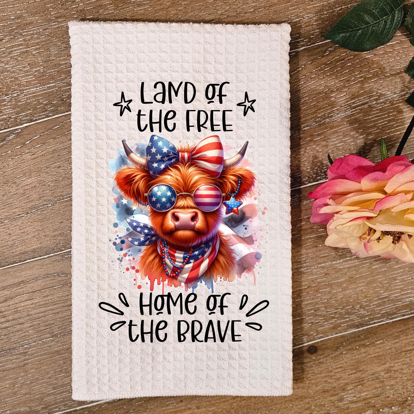 Patriotic Highland Cow Waffle Weave Towel - Unique Americana Kitchen Decor Hostess Gift for 4th of July