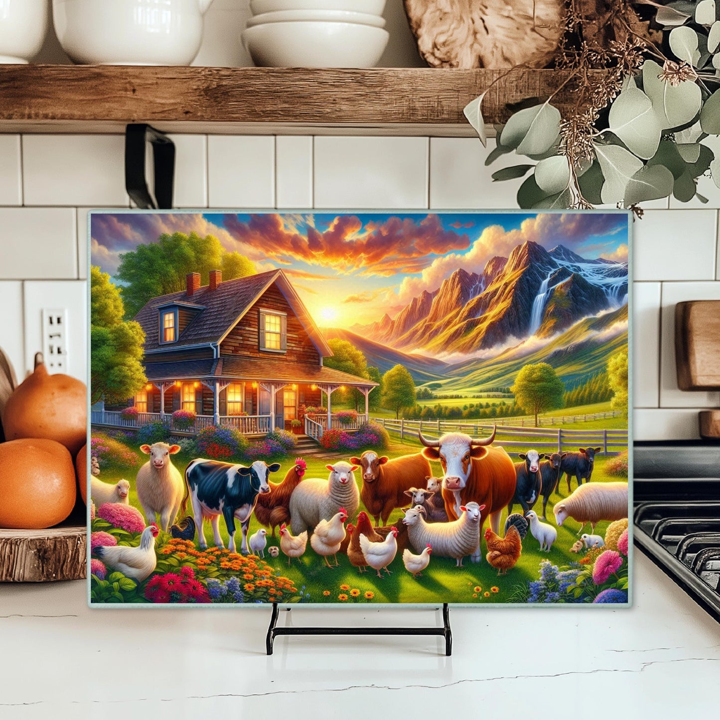 Tempered Glass Cutting Board - Mountain Farm Life Design Rustic Kitchen Art Homestead Gift