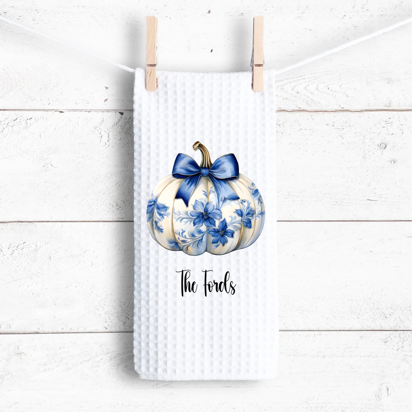 Custom Waffle Weave Towel with Chinoiserie Coquette Pumpkin Blue Bow Design