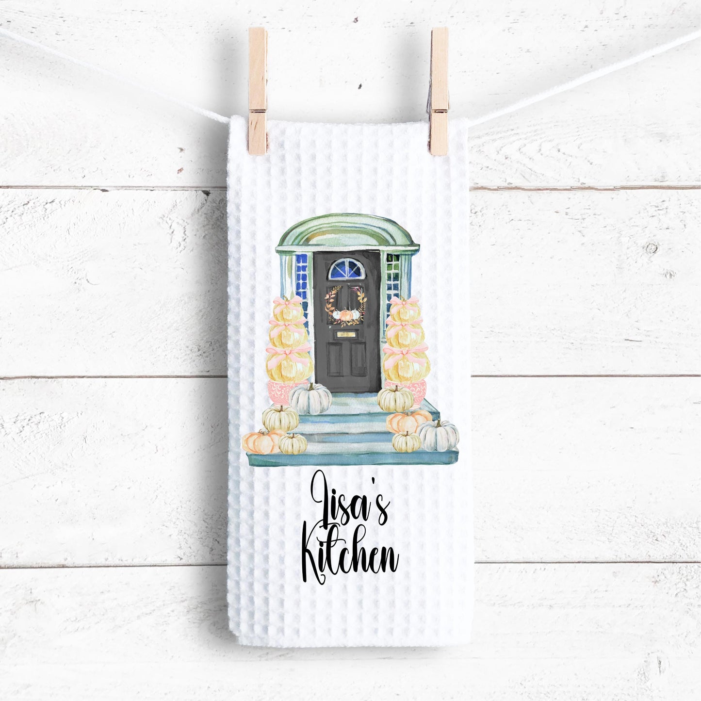 Personalized Fall Front Door Towel with Autumn Porch Scene - Perfect Thanksgiving Hostess Gift