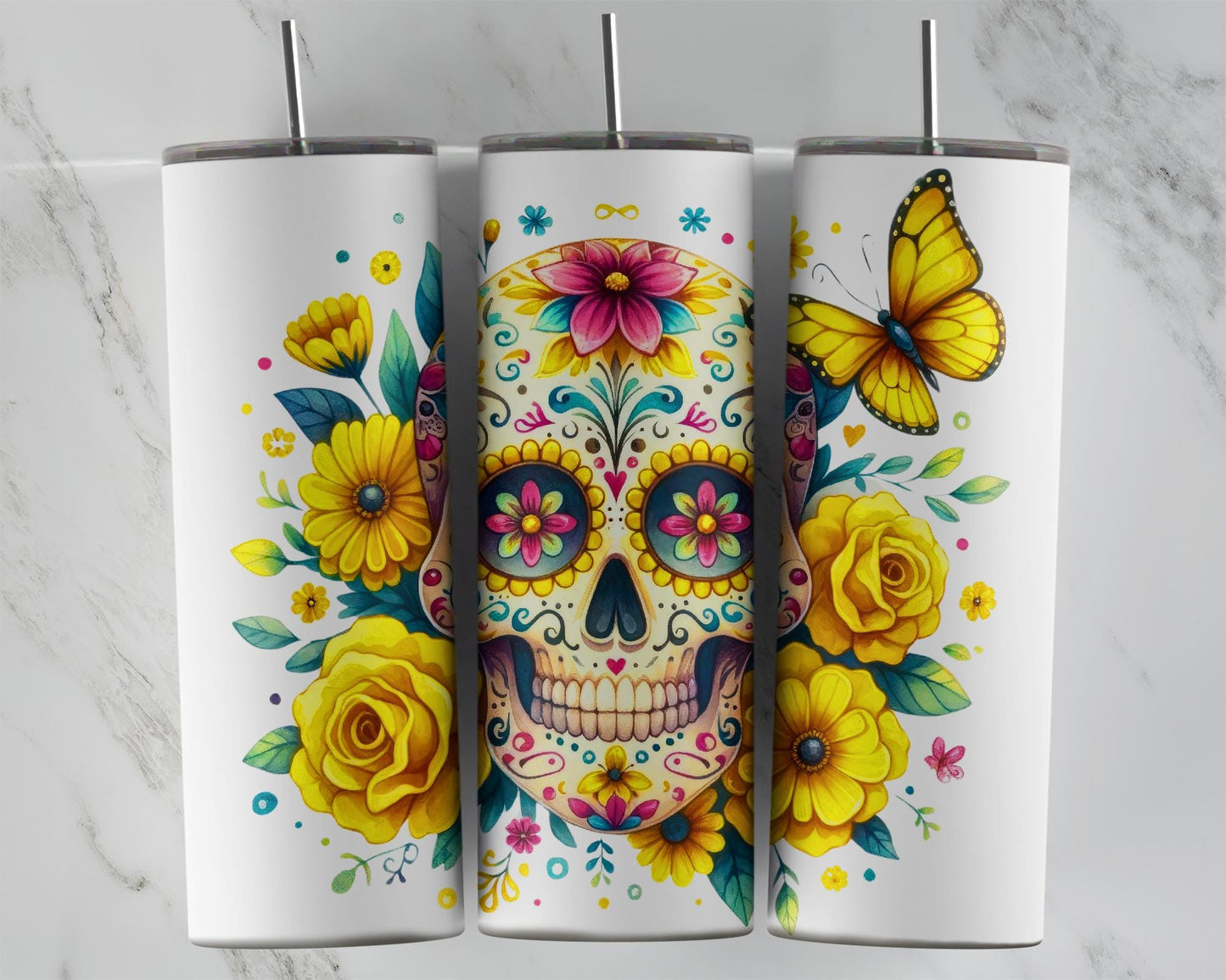20oz Magical Glow Skull Tumbler - Unique Yellow Sugar Skull Cup for Spooky Chic Gifts