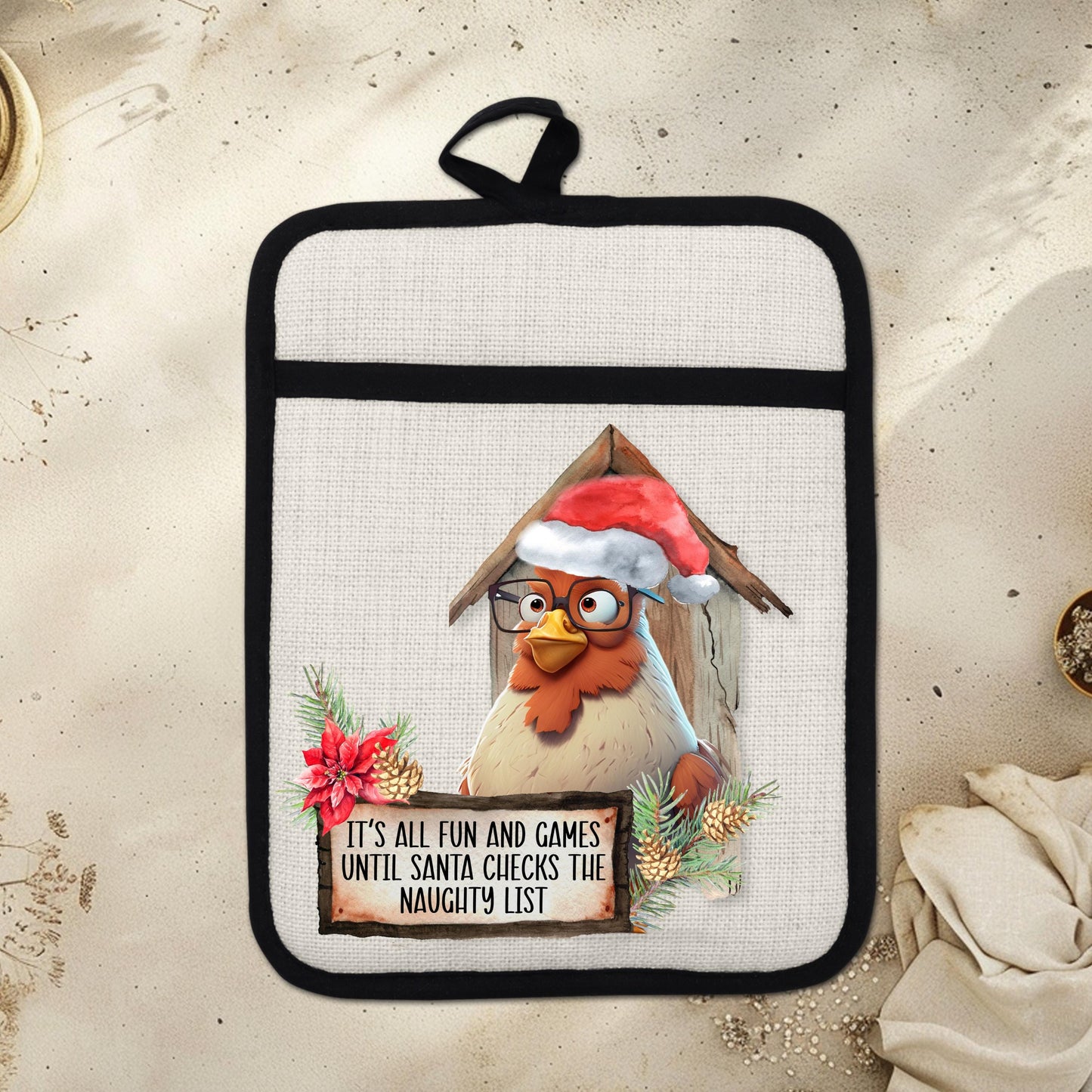 Funny Chicken Christmas Pot Holder with Naughty List Quote Santa Hat - Rustic Linen Hot Pad for Festive Kitchen Decor