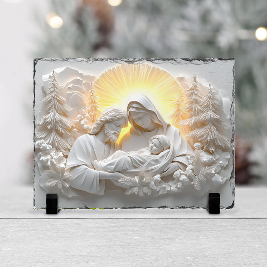 Fractured Edges Slate Plaque - 3D Nativity Scene with Mary Joseph  Baby Jesus