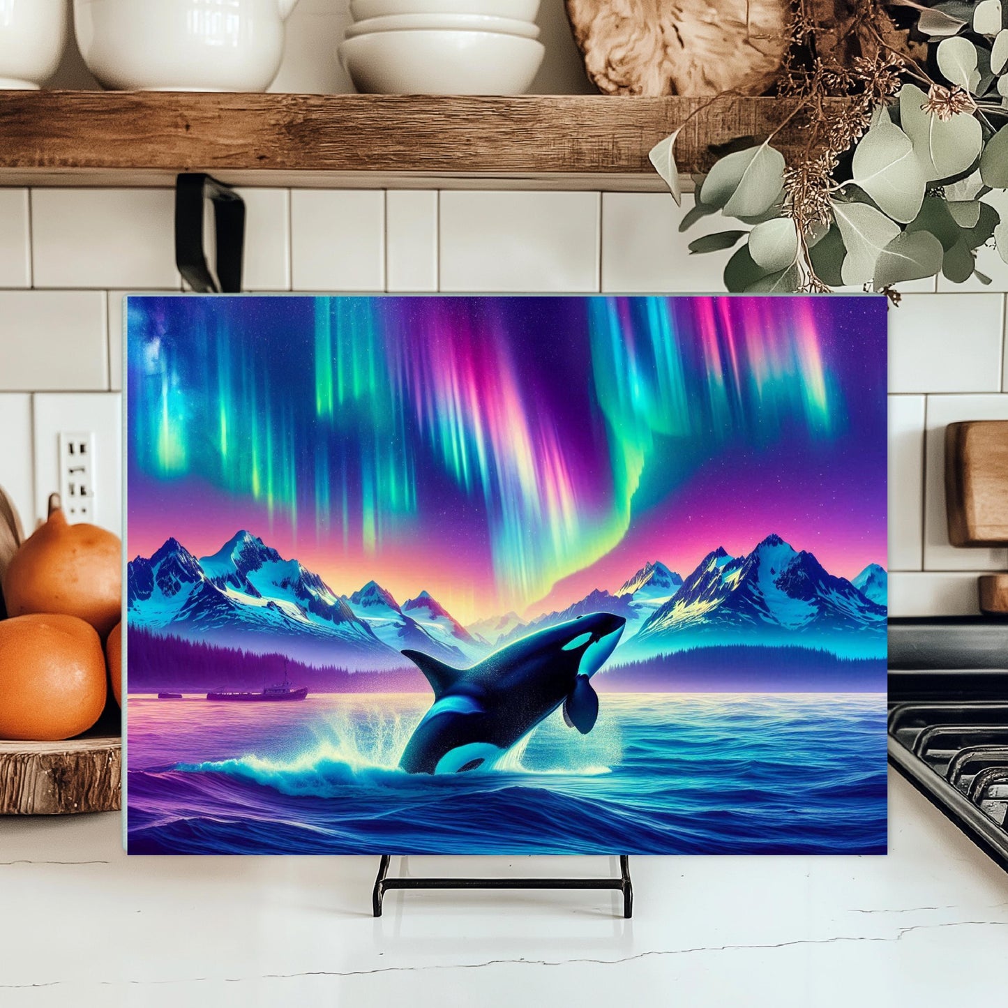 Orca Breach Tempered Glass Cutting Board 11x15 Kitchen Art with Northern Lights and Colorful Ocean Wildlife - Perfect Hostess Gift