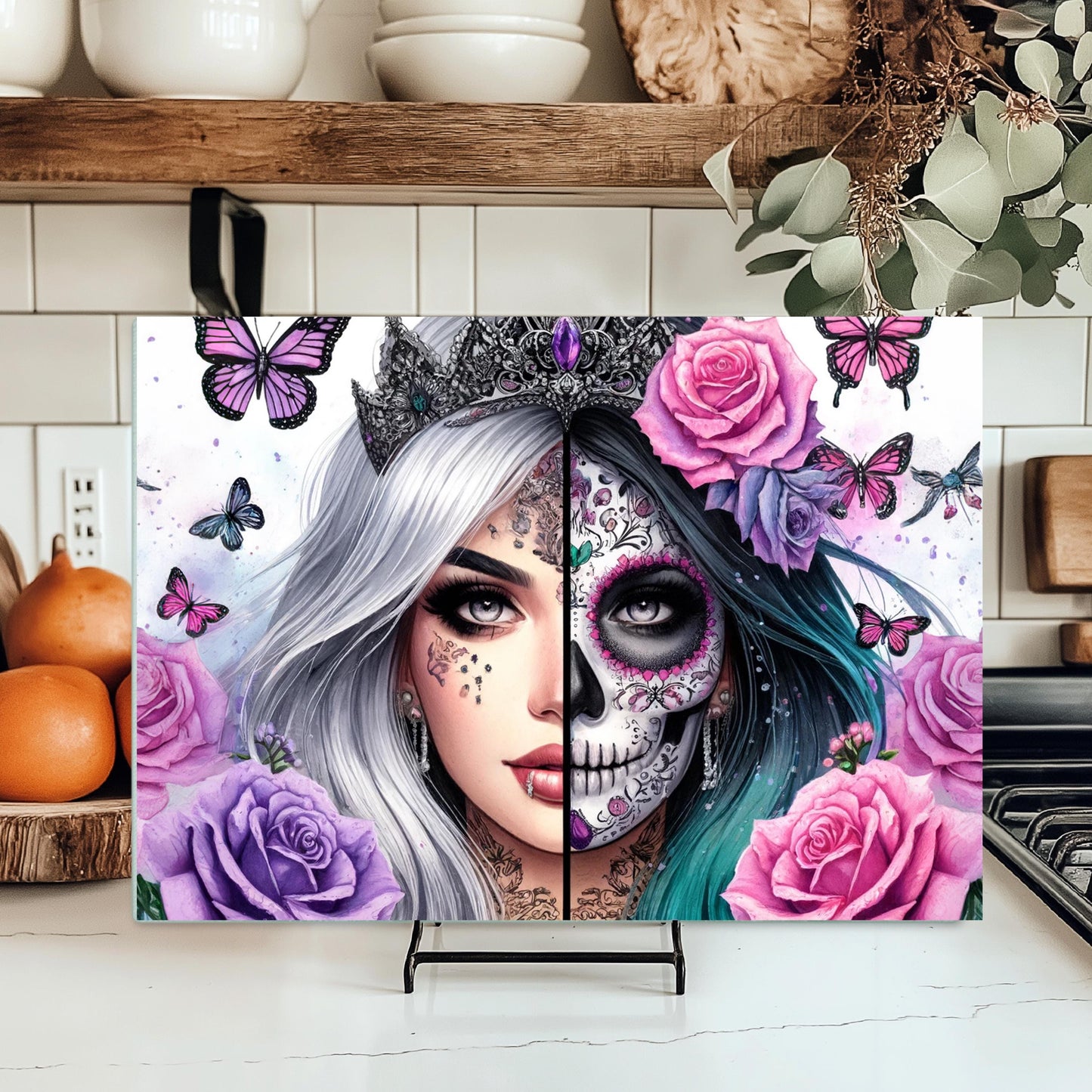 Gothic Princess Glass Cutting Board - Day of the Dead Kitchen Decor Fantasy Gift