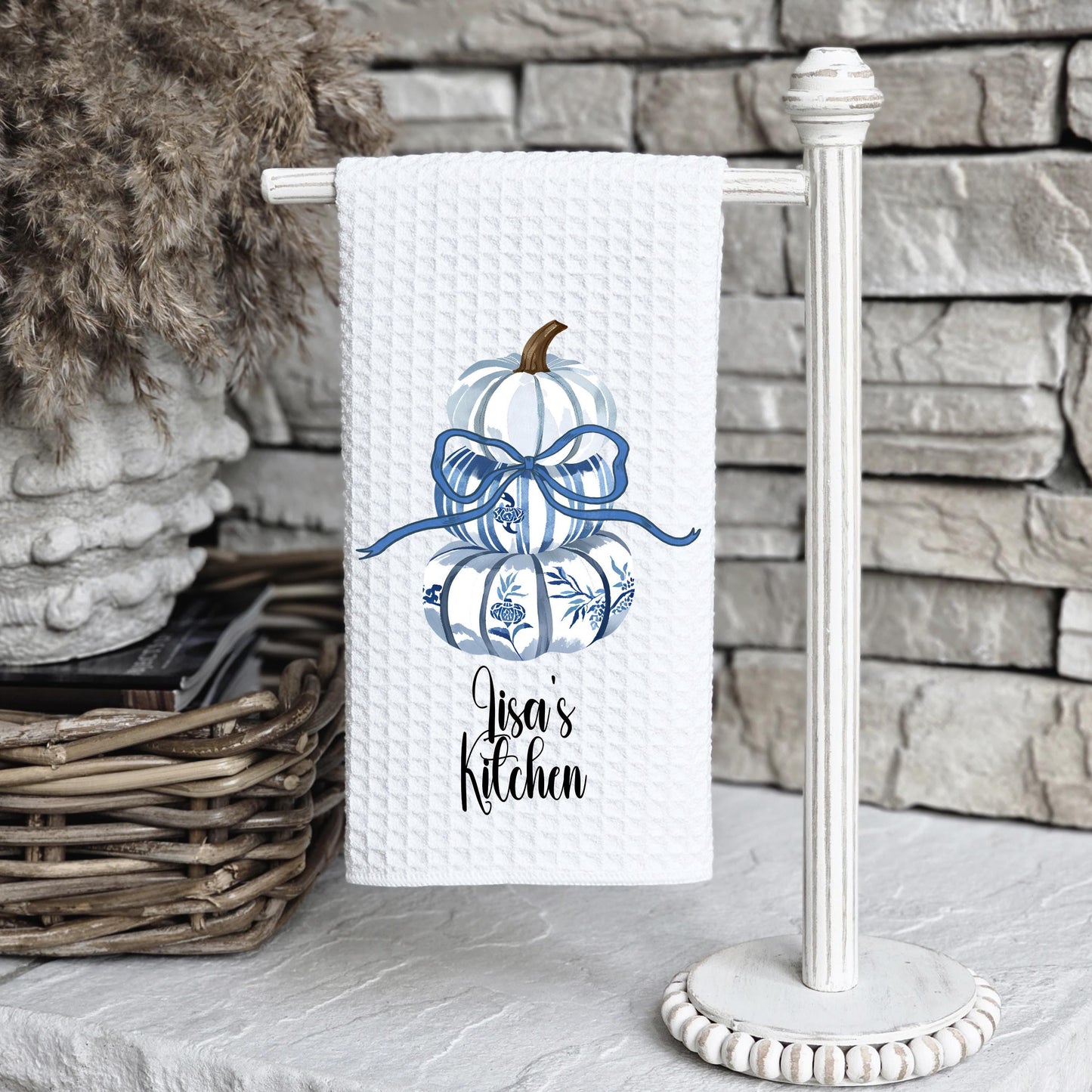 Personalized Blue Pumpkin Topiary Towel - 16x24 Waffle Weave Microfiber with Bow for Chinoiserie Fall Decor