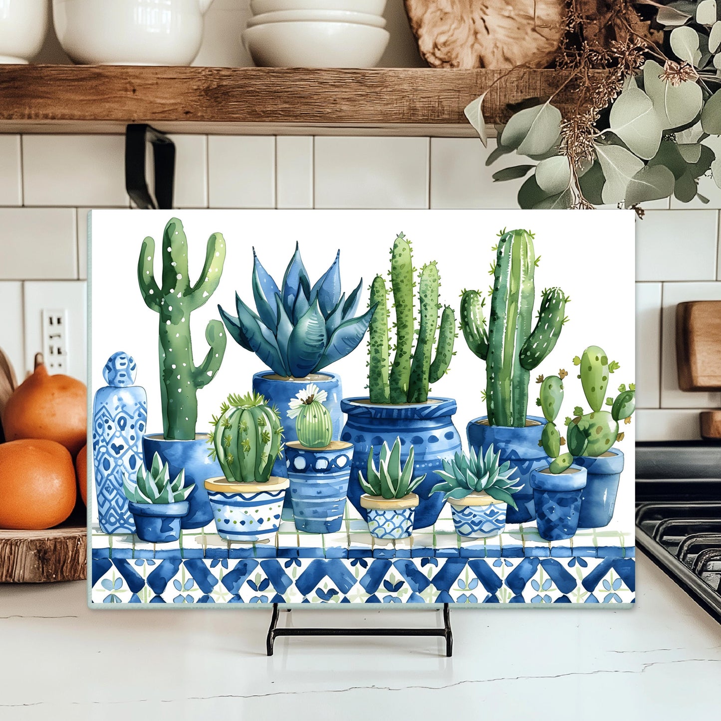Cactus Glass Cutting Board - 11x15 Tempered Kitchen Art Vibrant Botanical Counter Decor