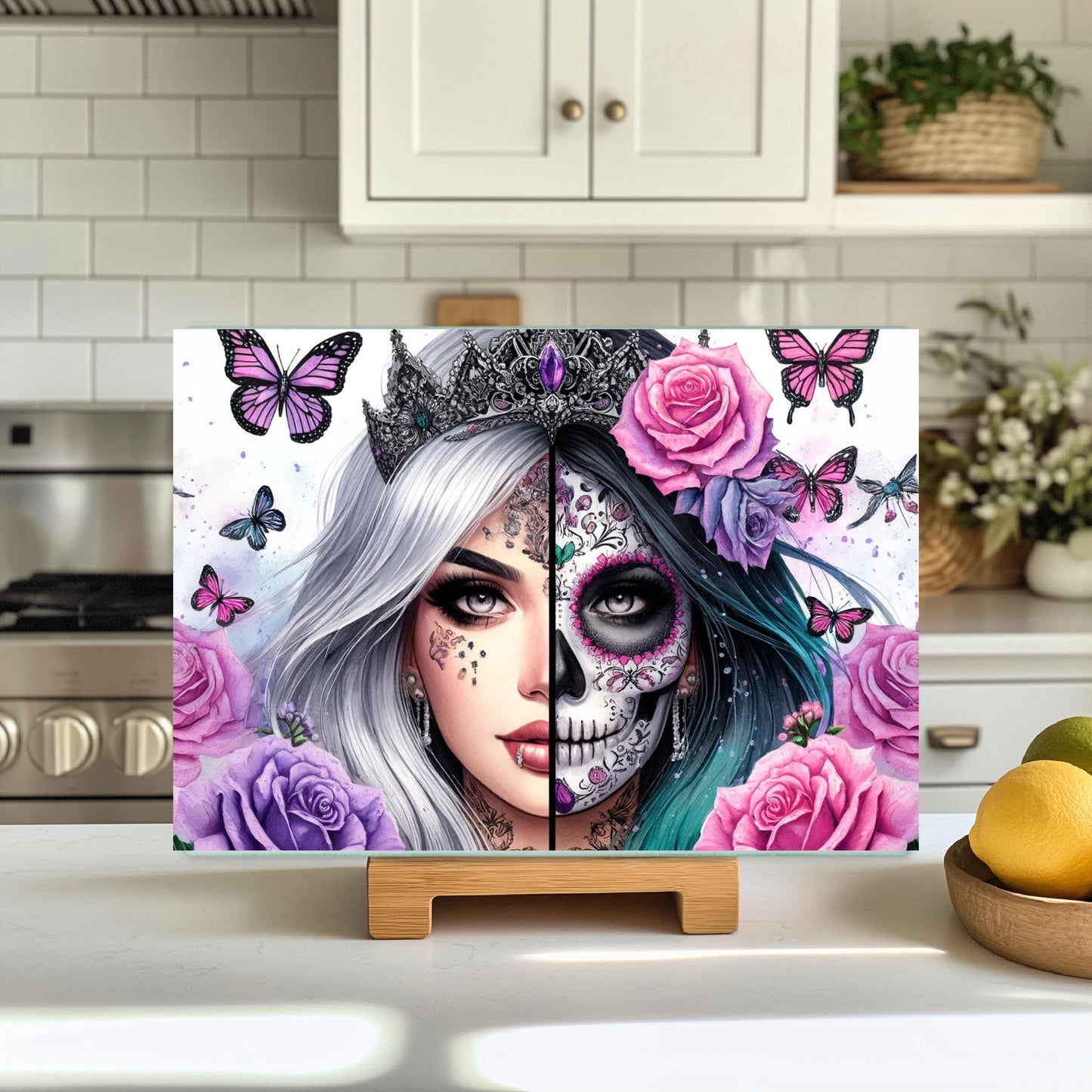 Gothic Princess Glass Cutting Board - Day of the Dead Kitchen Decor Fantasy Gift