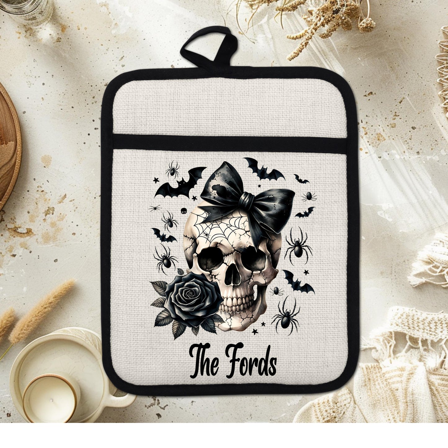 Personalized Skull Pot Holder - Gothic Halloween Decor for a Witchy Kitchen Gift
