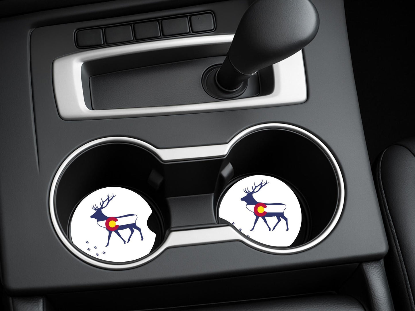 Colorado Elk Print Car Coasters, Sandstone Coasters for New Driver, Auto Coasters for Him, Car Cup Mats, Absorbent Mats, Cup Holder Mat
