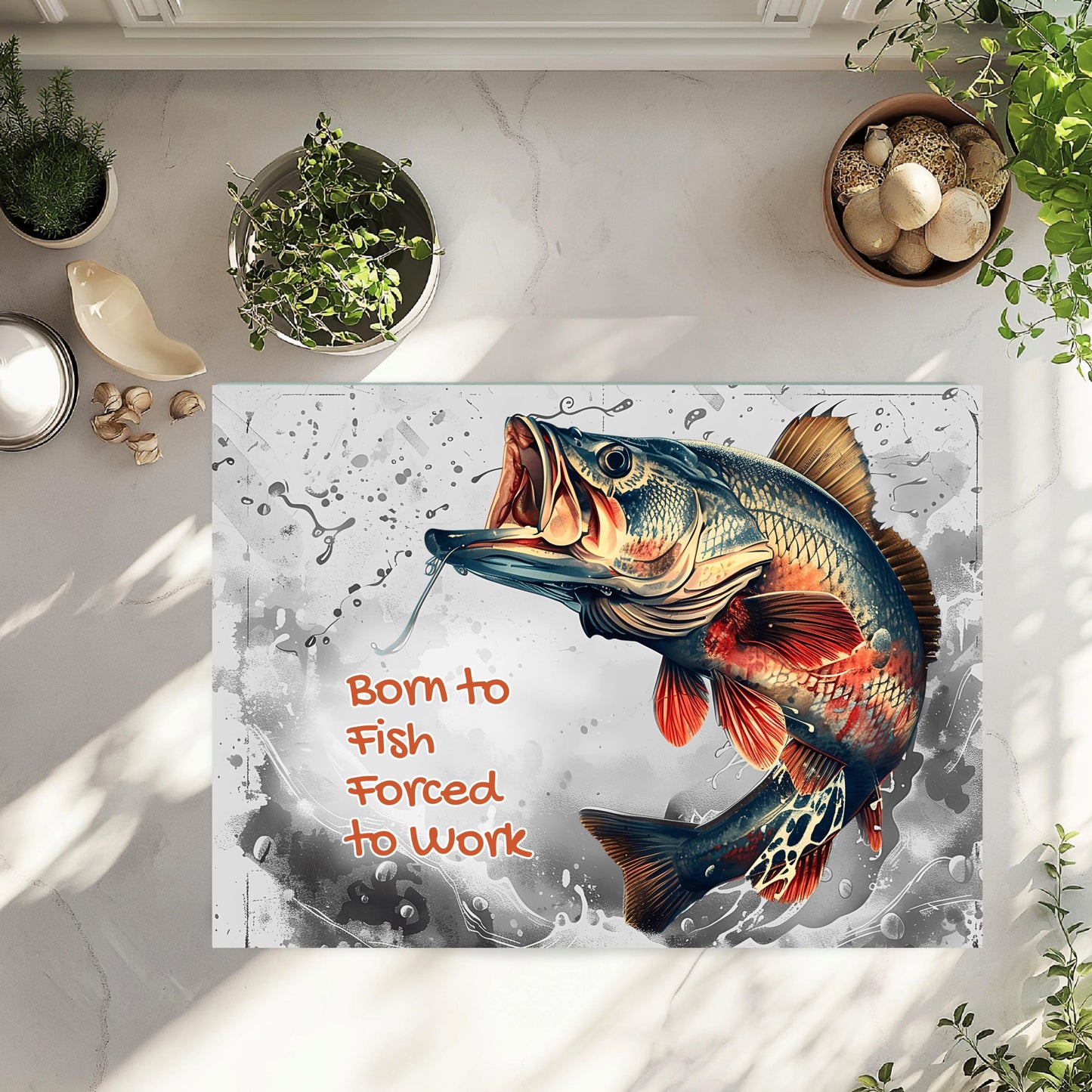 Born To Fish Tempered Glass Cutting Board 11x15 Kitchen Art - Perfect Fishing Gift for Dad or Him