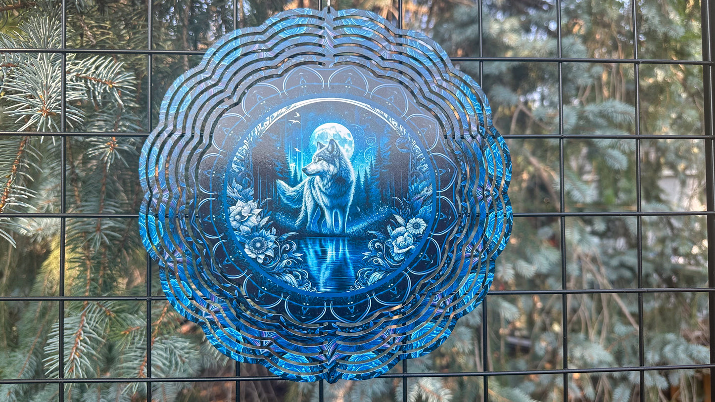 3D Wolf with Moon Wind Spinner - 10-Inch Yard Decor for Wolf Lovers