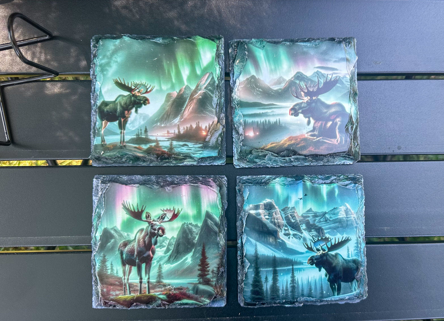 Moose Slate Coaster Set - 4 Unique Northern Lights Coasters for Moose Lovers