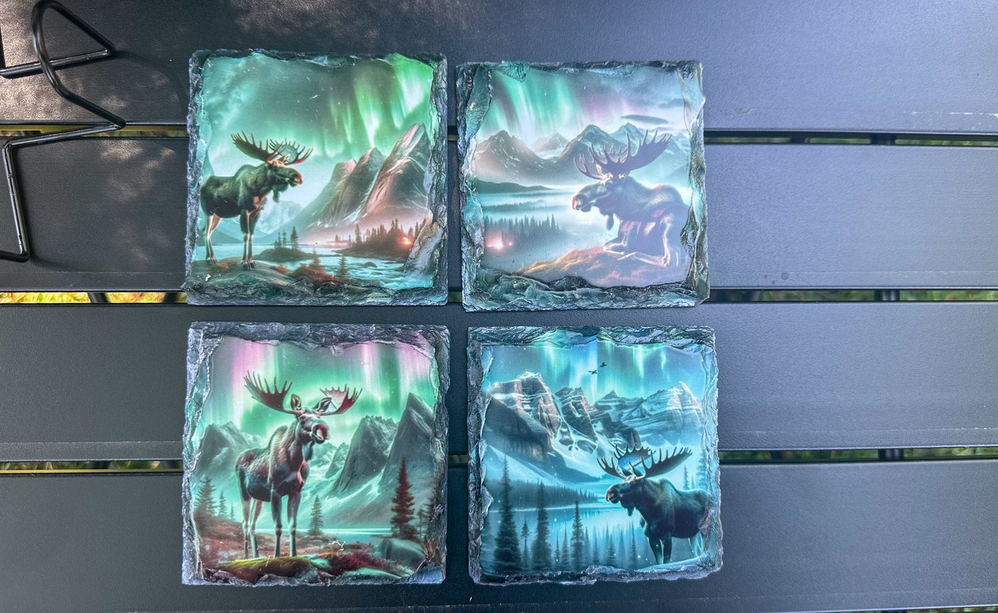 Moose Slate Coaster Set - 4 Unique Northern Lights Coasters for Moose Lovers