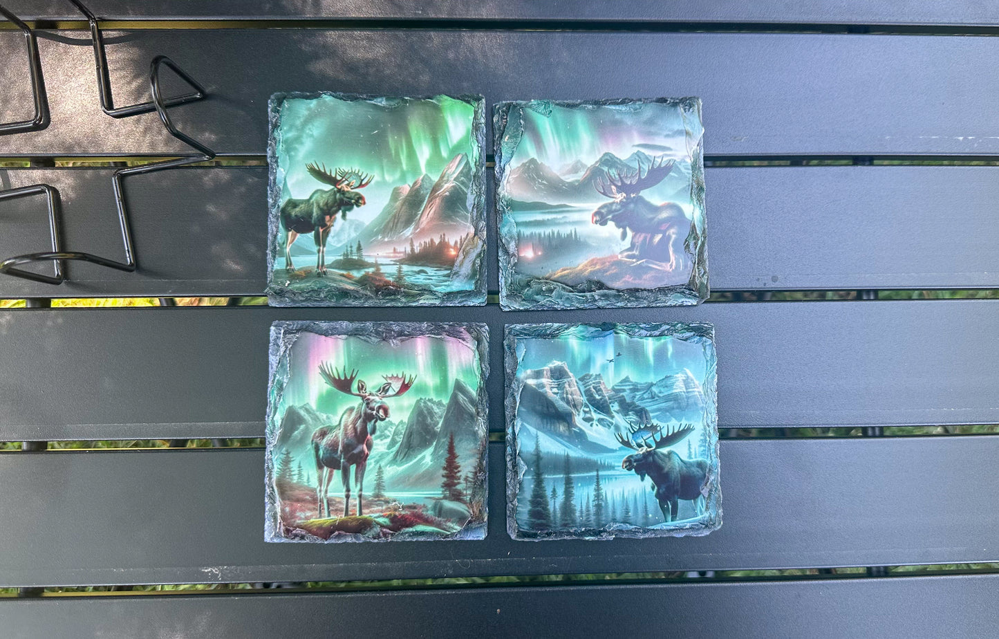 Moose Slate Coaster Set - 4 Unique Northern Lights Coasters for Moose Lovers