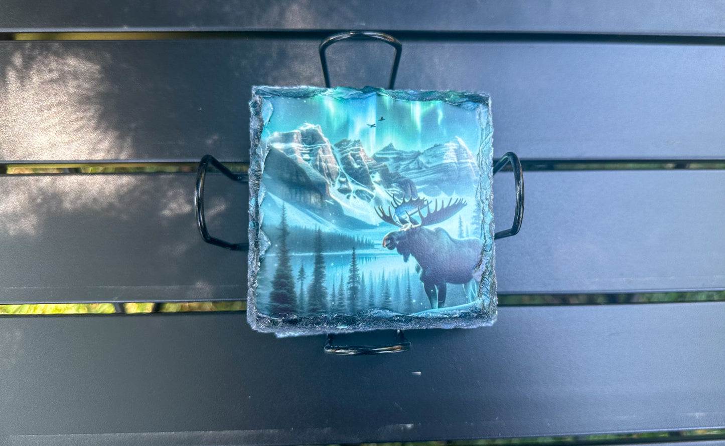Moose Slate Coaster Set - 4 Unique Northern Lights Coasters for Moose Lovers